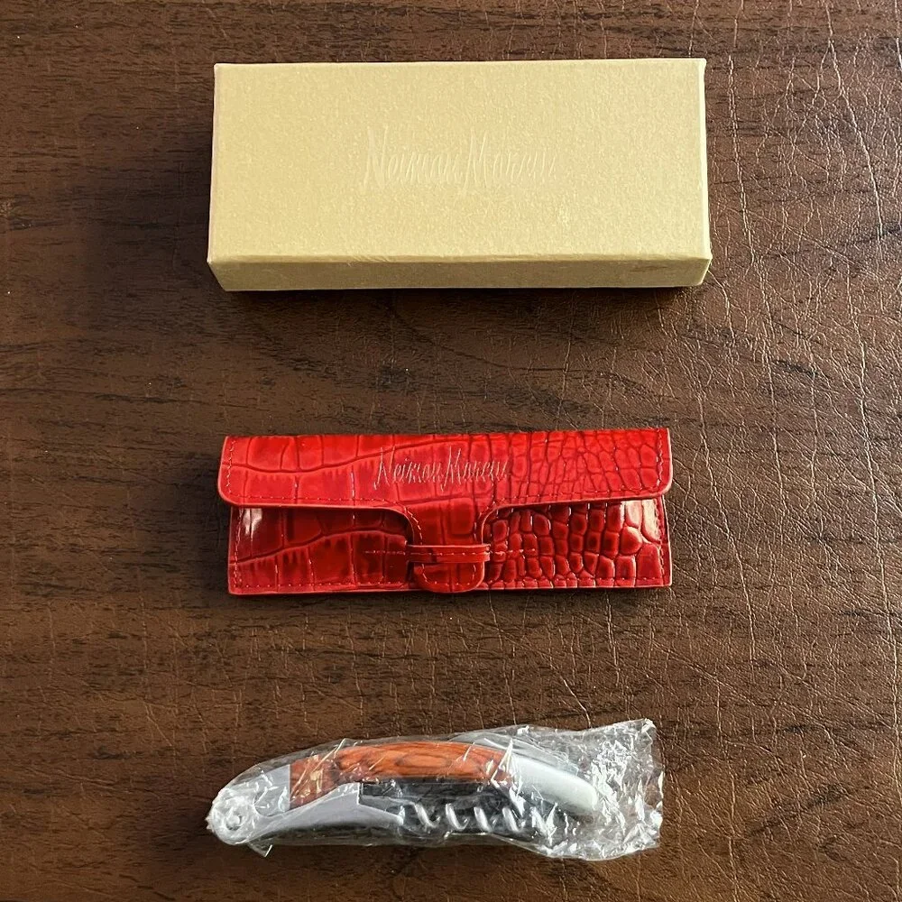 NIB Neiman Marcus Corkscrew and Bottle Opener in Red Leather Case